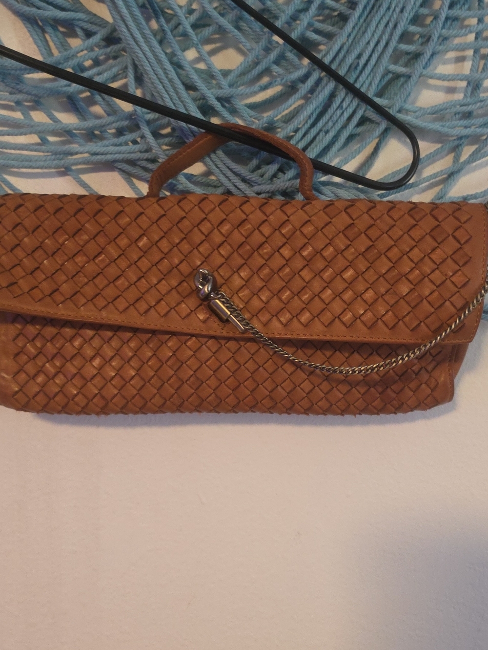 Marta Ponti Genuine Leather Woven Handled Clutch With Removable Strap Nwot